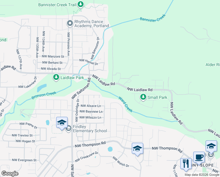 map of restaurants, bars, coffee shops, grocery stores, and more near 12439 Northwest Laidlaw Road in Portland