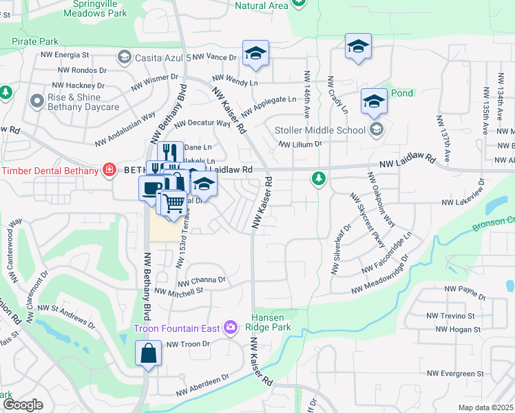 map of restaurants, bars, coffee shops, grocery stores, and more near 14848 Northwest Deejay Lane in Portland