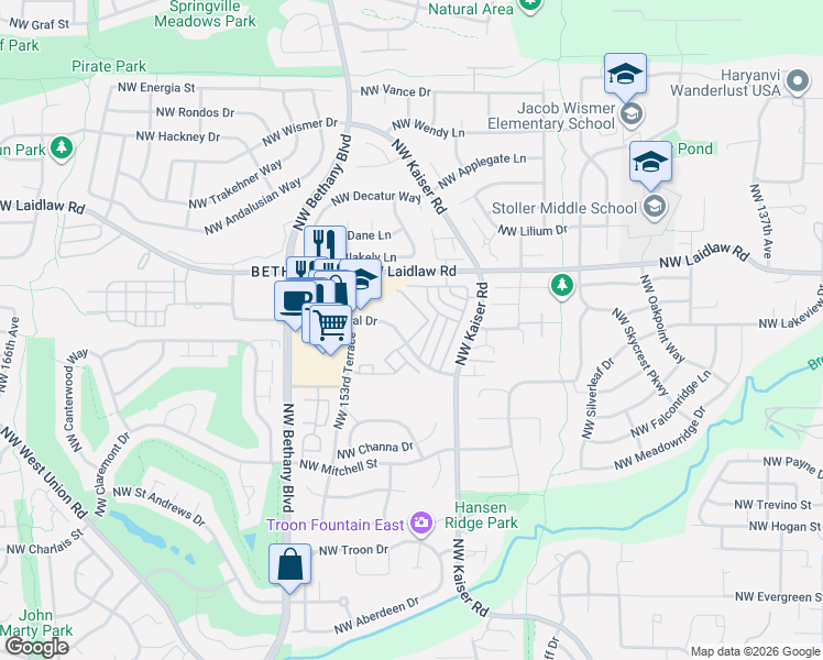 map of restaurants, bars, coffee shops, grocery stores, and more near 4884 Northwest Promenade Terrace in Portland