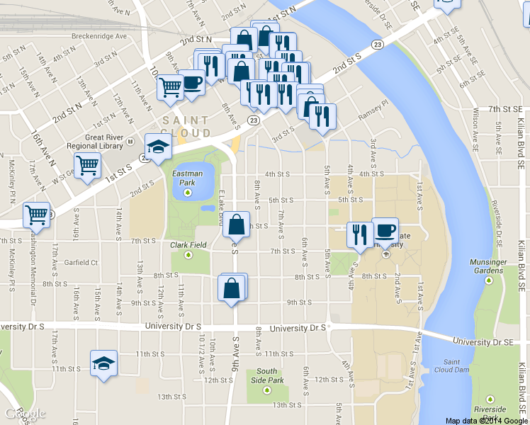 map of restaurants, bars, coffee shops, grocery stores, and more near 427 7th Avenue South in St. Cloud