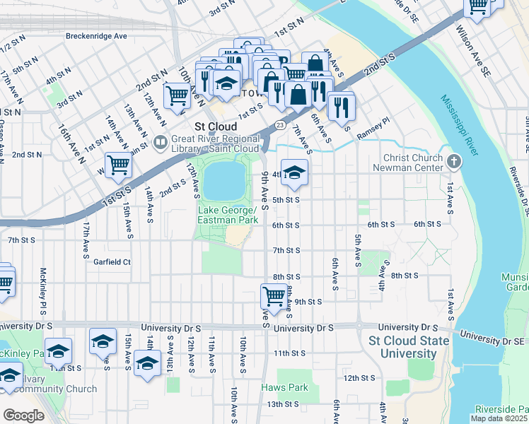 map of restaurants, bars, coffee shops, grocery stores, and more near 425 East Lake Boulevard in St. Cloud