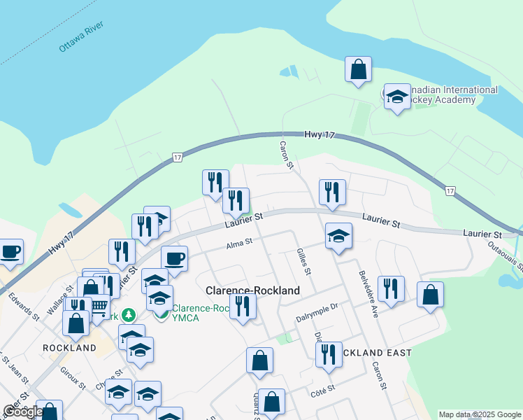 map of restaurants, bars, coffee shops, grocery stores, and more near 1026 Laurier Street in Clarence-Rockland