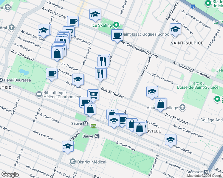 map of restaurants, bars, coffee shops, grocery stores, and more near 9665 Rue Saint-Hubert in Montréal