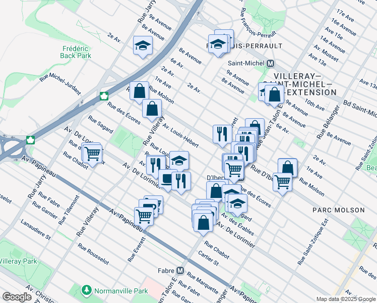 map of restaurants, bars, coffee shops, grocery stores, and more near 7429 Rue des Écores in Montréal