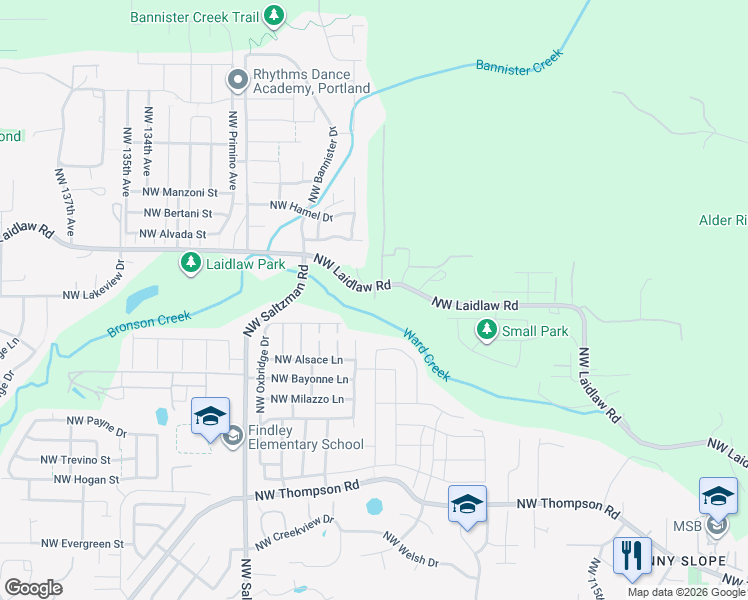map of restaurants, bars, coffee shops, grocery stores, and more near 12439 Northwest Laidlaw Road in Portland