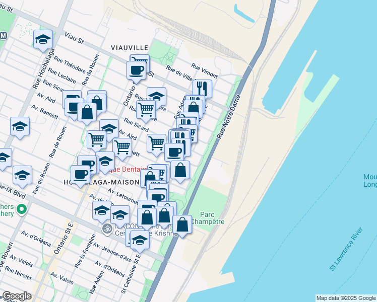 map of restaurants, bars, coffee shops, grocery stores, and more near 4698 Rue Sainte-Catherine Est in Montréal