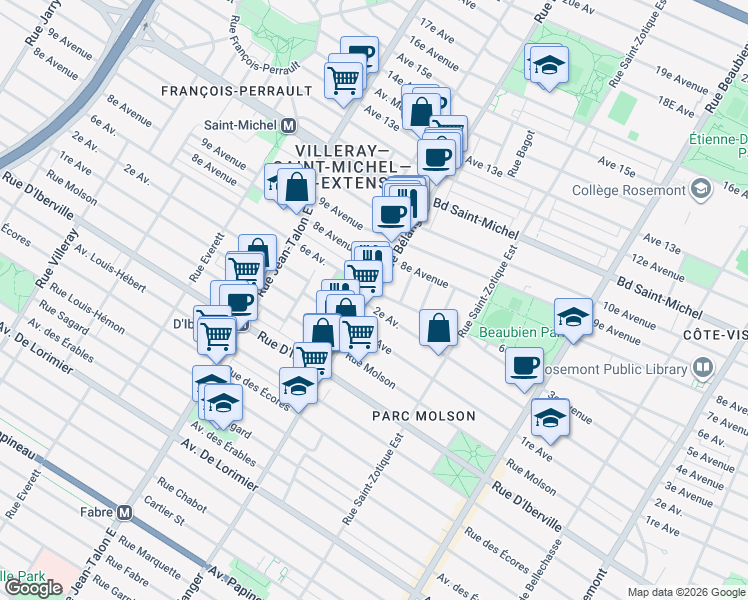 map of restaurants, bars, coffee shops, grocery stores, and more near in Montréal