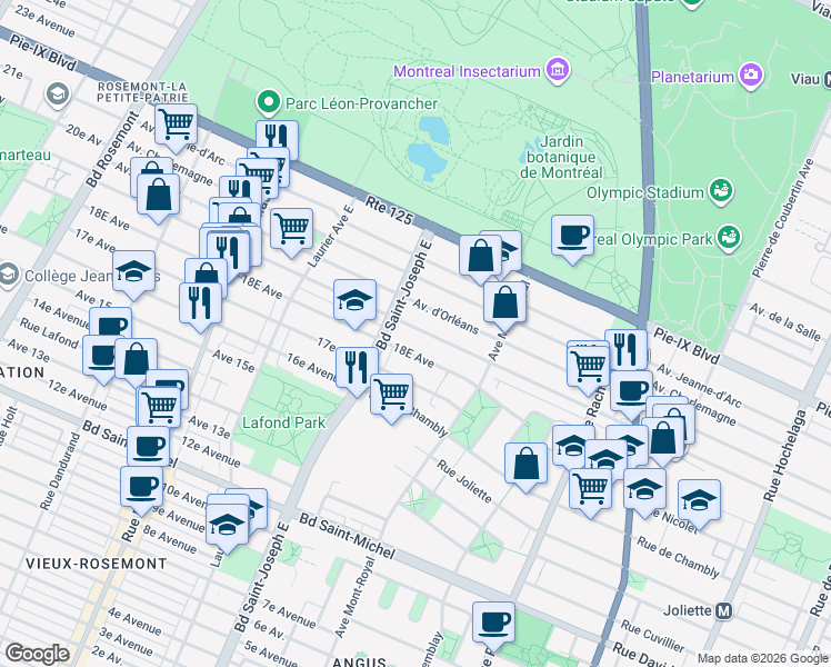 map of restaurants, bars, coffee shops, grocery stores, and more near 4690 Avenue Bourbonnière in Montreal