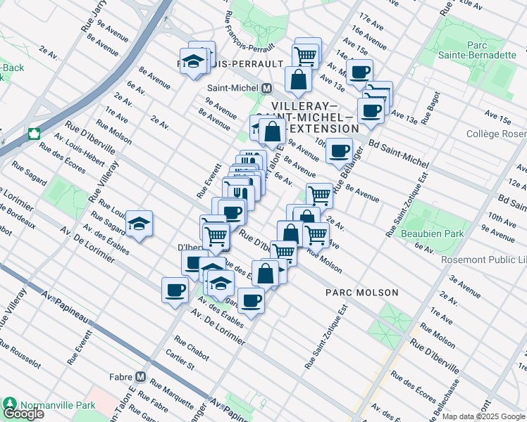 map of restaurants, bars, coffee shops, grocery stores, and more near 7128 1re Avenue in Montréal