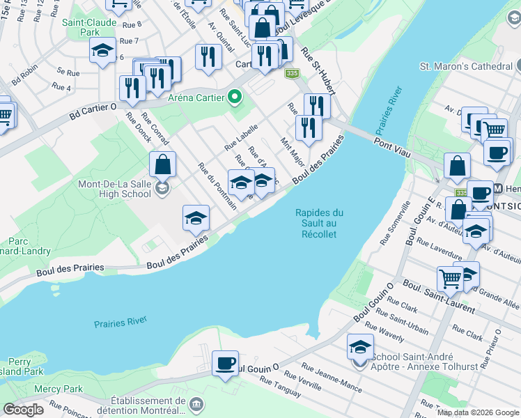 map of restaurants, bars, coffee shops, grocery stores, and more near 100 Boulevard des Prairies in Laval