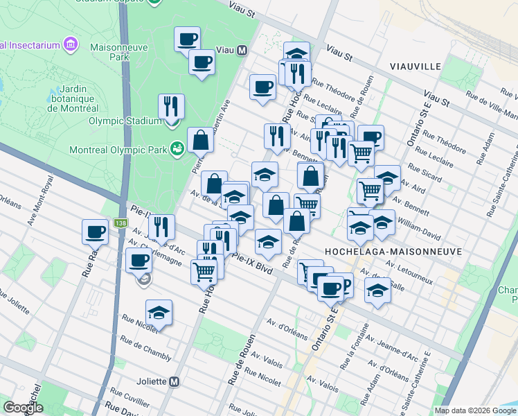 map of restaurants, bars, coffee shops, grocery stores, and more near 2420 Avenue Letourneux in Montréal