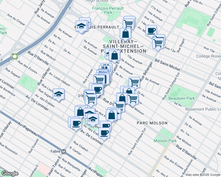 map of restaurants, bars, coffee shops, grocery stores, and more near 7128 Avenue 1re in Montréal