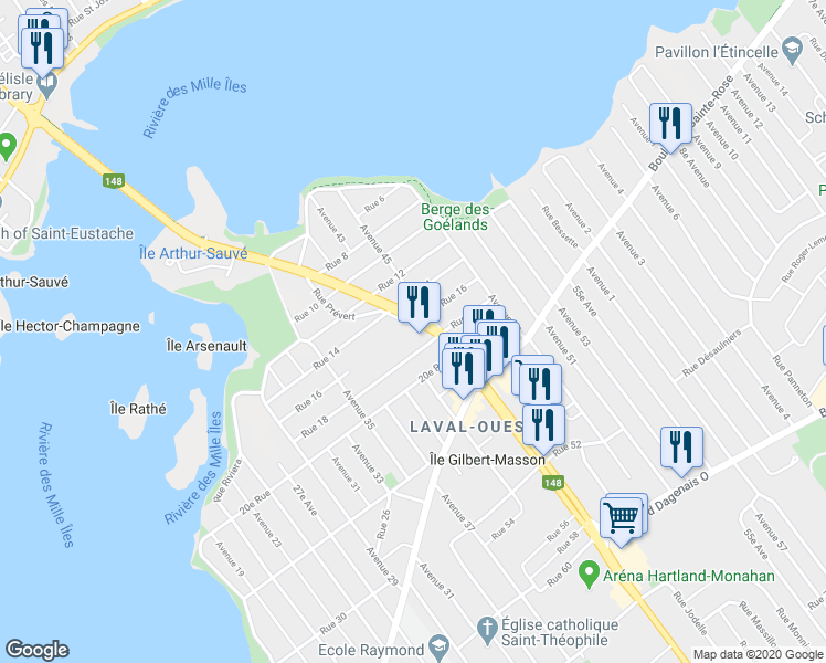 map of restaurants, bars, coffee shops, grocery stores, and more near 1650 Rue Prévert in Laval