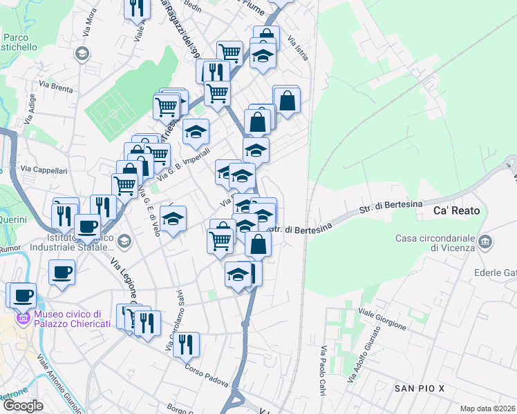 map of restaurants, bars, coffee shops, grocery stores, and more near 77 Via Giovanni Battista Quadri in Vicenza