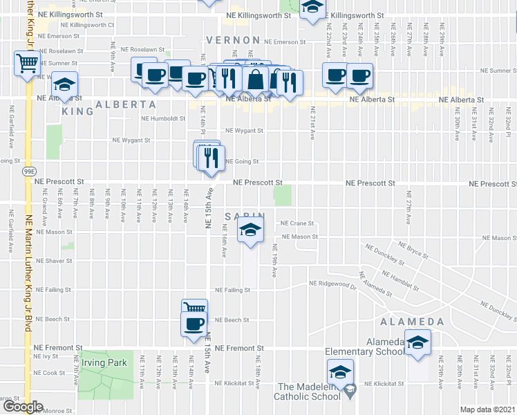 map of restaurants, bars, coffee shops, grocery stores, and more near NE Skidmore St & NE 18th Ave in Portland