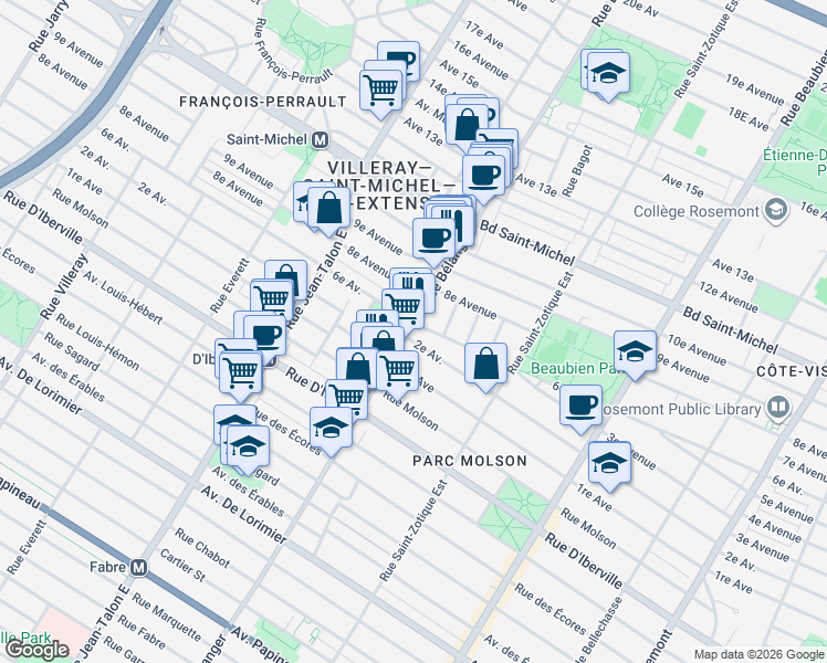 map of restaurants, bars, coffee shops, grocery stores, and more near in Montréal