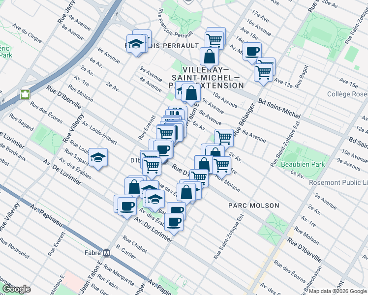 map of restaurants, bars, coffee shops, grocery stores, and more near 7132 1re Avenue in Montréal