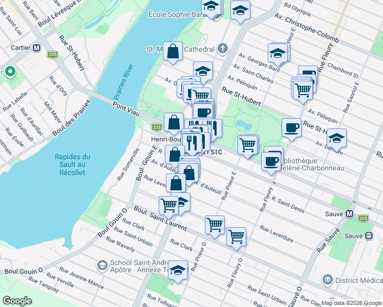 map of restaurants, bars, coffee shops, grocery stores, and more near 10700 Rue Berri in Montréal