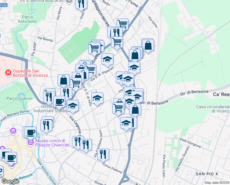 map of restaurants, bars, coffee shops, grocery stores, and more near 57 Via Carlo Borella in Vicenza