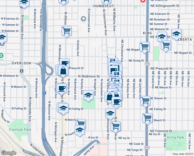 map of restaurants, bars, coffee shops, grocery stores, and more near 334 North Skidmore Street in Portland