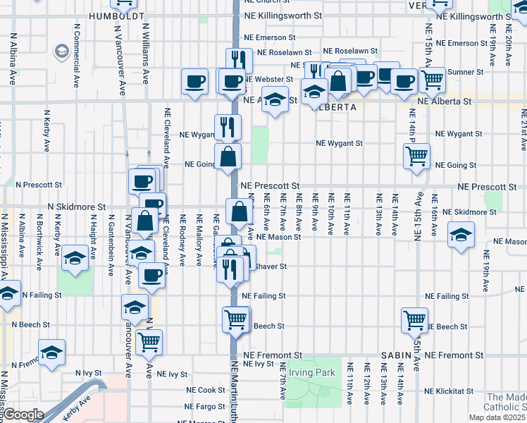 map of restaurants, bars, coffee shops, grocery stores, and more near 4326 Northeast 6th Avenue in Portland