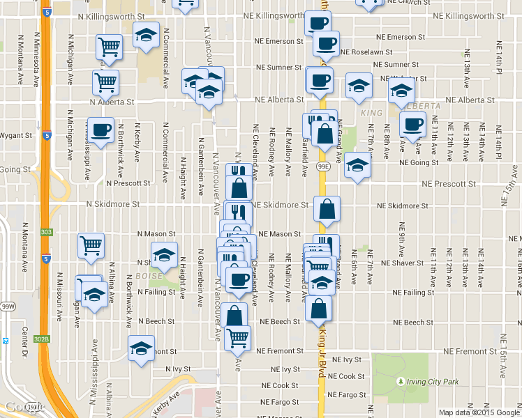 map of restaurants, bars, coffee shops, grocery stores, and more near 4326 Northeast Cleveland Avenue in Portland