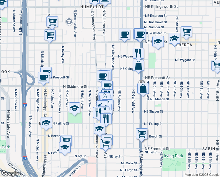 map of restaurants, bars, coffee shops, grocery stores, and more near 4326 Northeast Cleveland Avenue in Portland