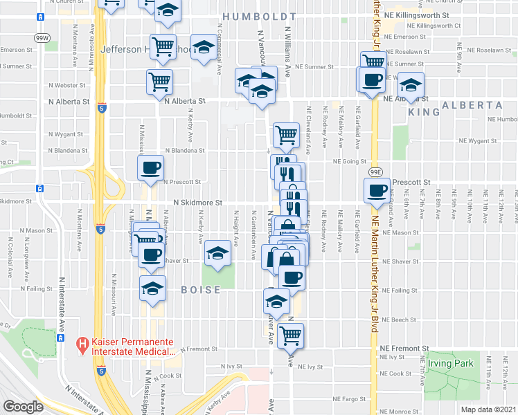 map of restaurants, bars, coffee shops, grocery stores, and more near 4326 North Gantenbein Avenue in Portland