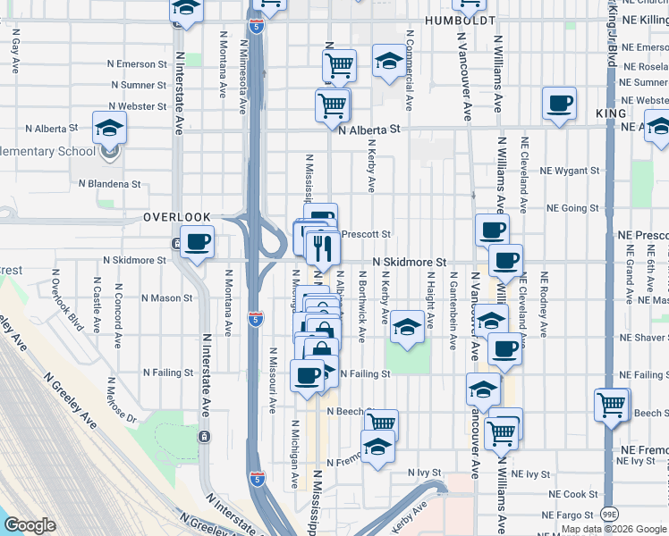 map of restaurants, bars, coffee shops, grocery stores, and more near in Portland