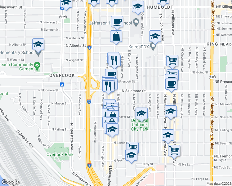 map of restaurants, bars, coffee shops, grocery stores, and more near 4325 North Albina Avenue in Portland