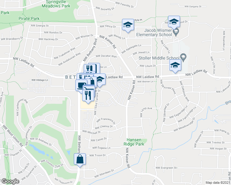 map of restaurants, bars, coffee shops, grocery stores, and more near 4884 Northwest Promenade Terrace in Portland