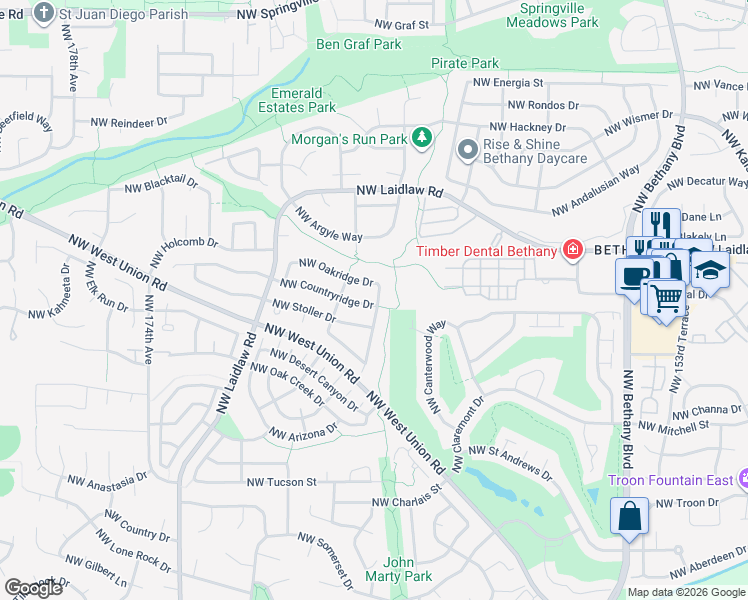 map of restaurants, bars, coffee shops, grocery stores, and more near 16615 Northwest Oakridge Drive in Portland