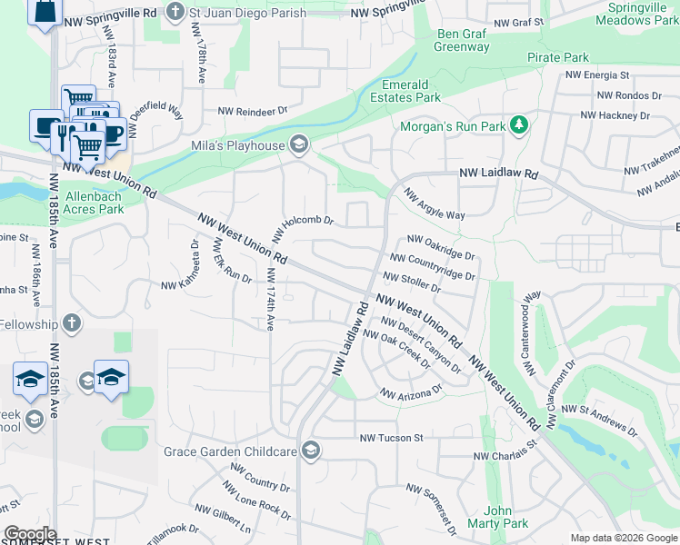 map of restaurants, bars, coffee shops, grocery stores, and more near 17189 Northwest Stoller Drive in Portland