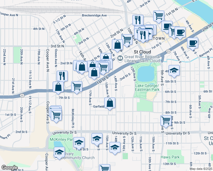 map of restaurants, bars, coffee shops, grocery stores, and more near 202 15th Avenue South in Saint Cloud