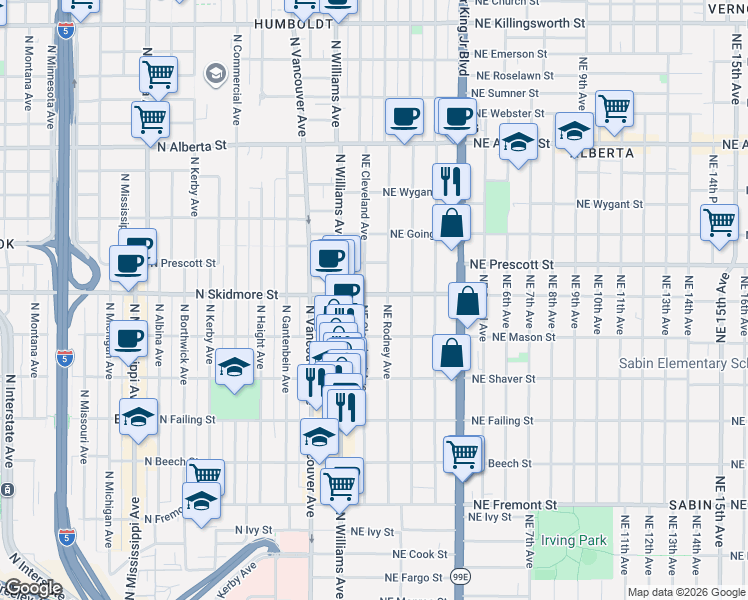 map of restaurants, bars, coffee shops, grocery stores, and more near 4326 Northeast Cleveland Avenue in Portland