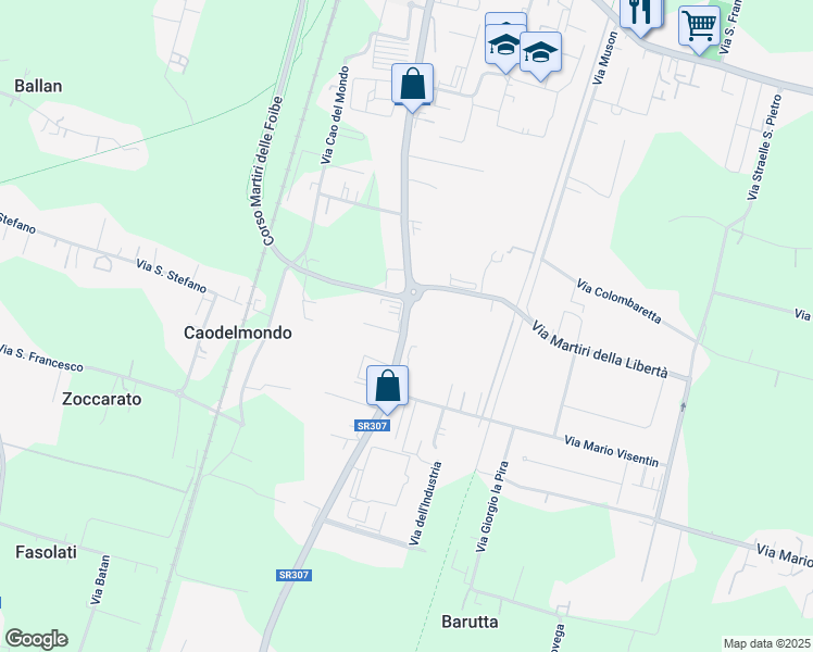 map of restaurants, bars, coffee shops, grocery stores, and more near 106 Borgo Padova in Camposampiero