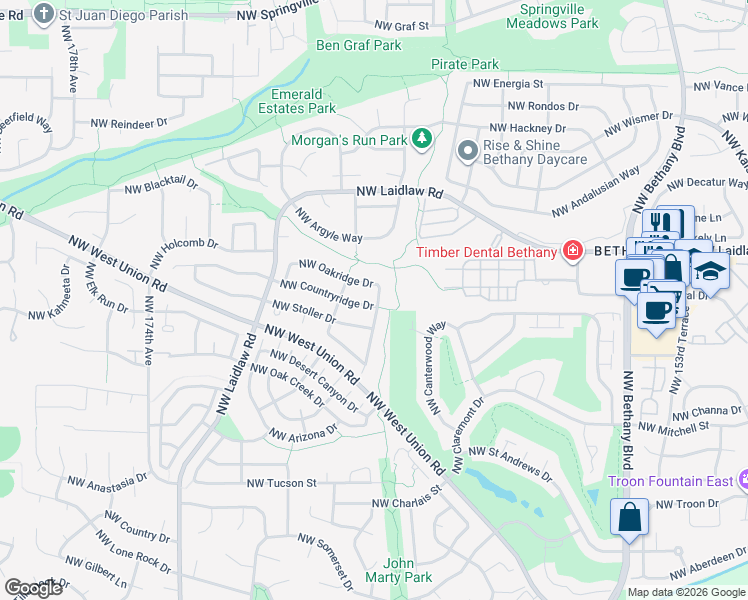 map of restaurants, bars, coffee shops, grocery stores, and more near 16615 Northwest Oakridge Drive in Portland