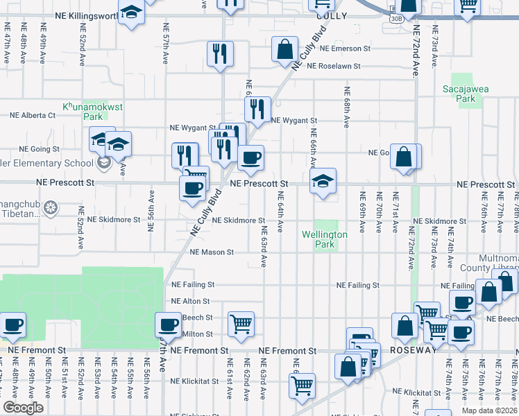 map of restaurants, bars, coffee shops, grocery stores, and more near 4426 Northeast 63rd Avenue in Portland