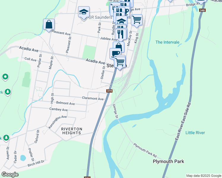 map of restaurants, bars, coffee shops, grocery stores, and more near 303 South Foord Street in Stellarton