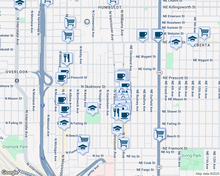 map of restaurants, bars, coffee shops, grocery stores, and more near 4326 North Gantenbein Avenue in Portland