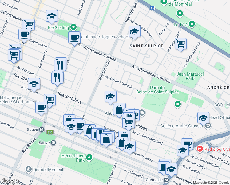 map of restaurants, bars, coffee shops, grocery stores, and more near 9296 Avenue Joseph-Melançon in Montréal