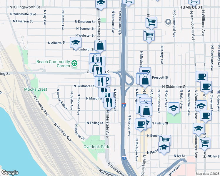 map of restaurants, bars, coffee shops, grocery stores, and more near 4412 North Maryland Avenue in Portland