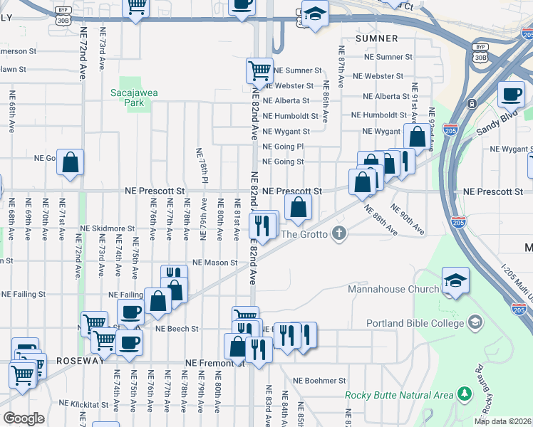 map of restaurants, bars, coffee shops, grocery stores, and more near 4355 Northeast 83rd Avenue in Portland