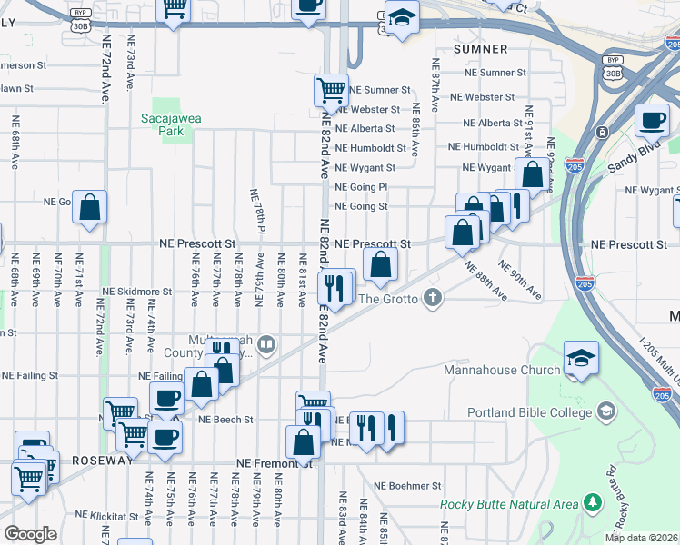 map of restaurants, bars, coffee shops, grocery stores, and more near 4355 Northeast 83rd Avenue in Portland