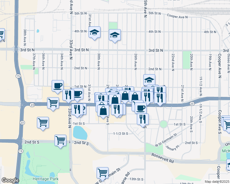 map of restaurants, bars, coffee shops, grocery stores, and more near 102 29th Avenue North in St. Cloud