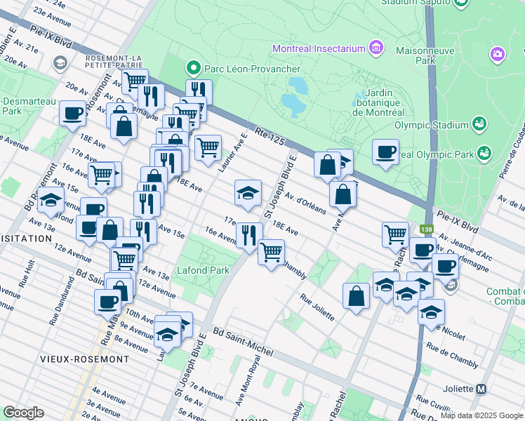map of restaurants, bars, coffee shops, grocery stores, and more near 3845 Boulevard Saint-Joseph Est in Montréal
