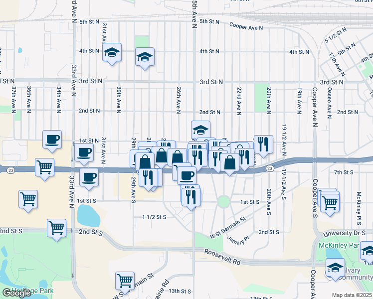map of restaurants, bars, coffee shops, grocery stores, and more near 103 25th Avenue North in St. Cloud