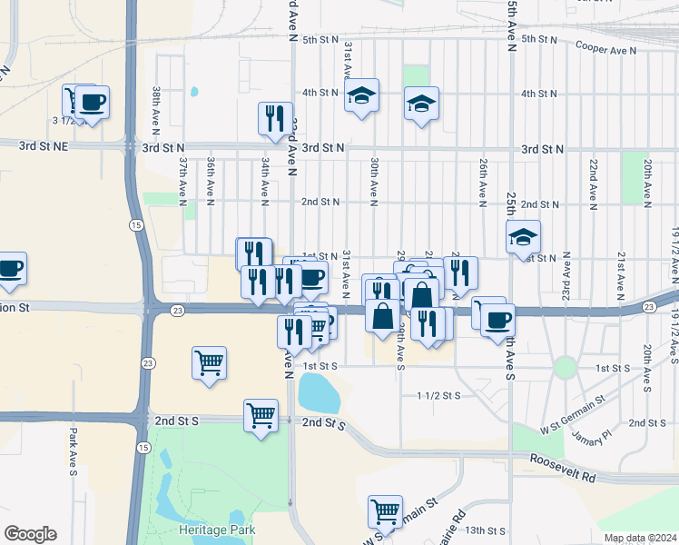 map of restaurants, bars, coffee shops, grocery stores, and more near 41 31st Avenue North in St. Cloud
