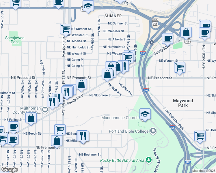 map of restaurants, bars, coffee shops, grocery stores, and more near in Portland