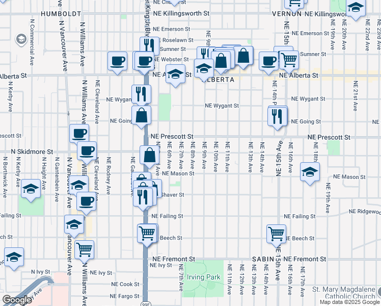 map of restaurants, bars, coffee shops, grocery stores, and more near 4407 Northeast 8th Avenue in Portland